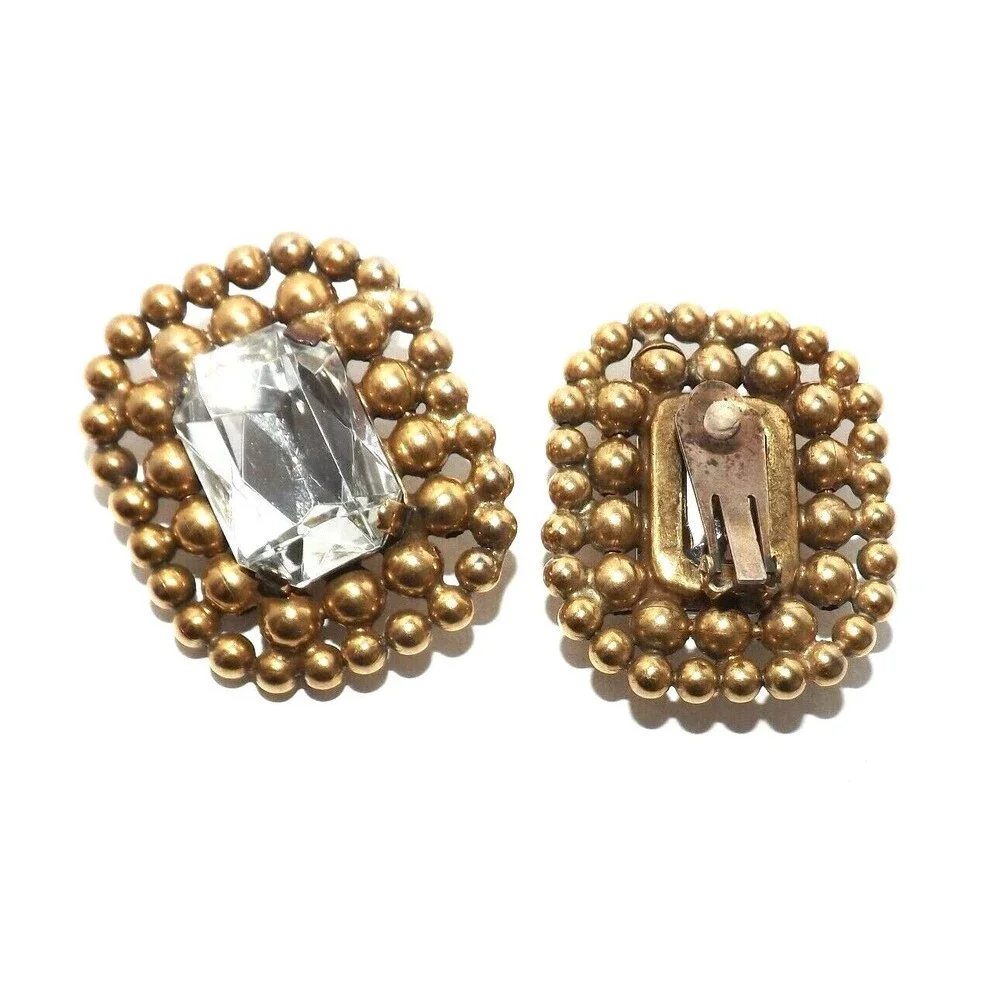 Vintage 80s Earrings Facet Stone Mogul Chunky Statement Clip On Gold tone